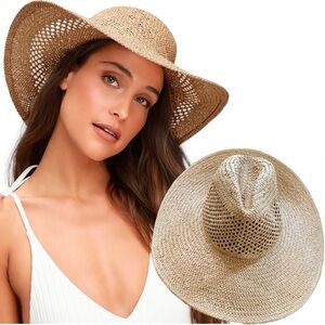 Straw Sun Hat Wide Brim Braided Paper Tan Neutral Natural Travel Beach Vacation